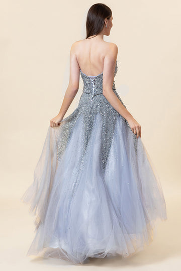 Robe longue longue de bal en tulle perle gris scintillant